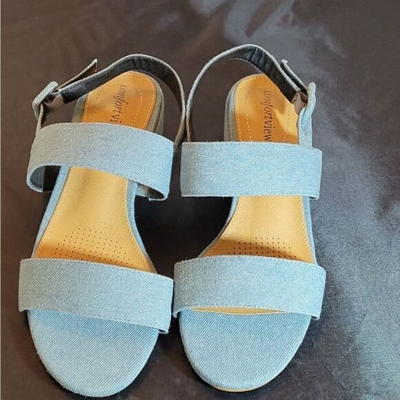 BRAND NEW COMFORTVIEW ANKLE STRAP OPEN TOES  BLUE JEAN MATERIALS SANDAL - Picture 2 of 16
